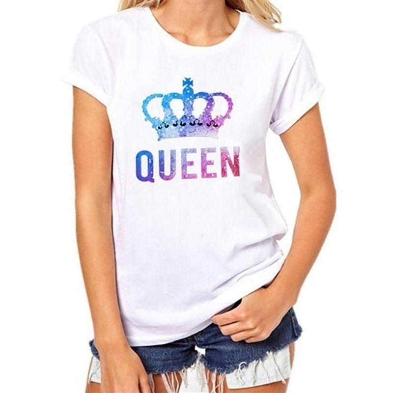 Летние хлопковые футболки с принтом King Queen, футболки с короткими рукавами для пар, мужские и женские повседневные футболки с графическим рисунком, футболки