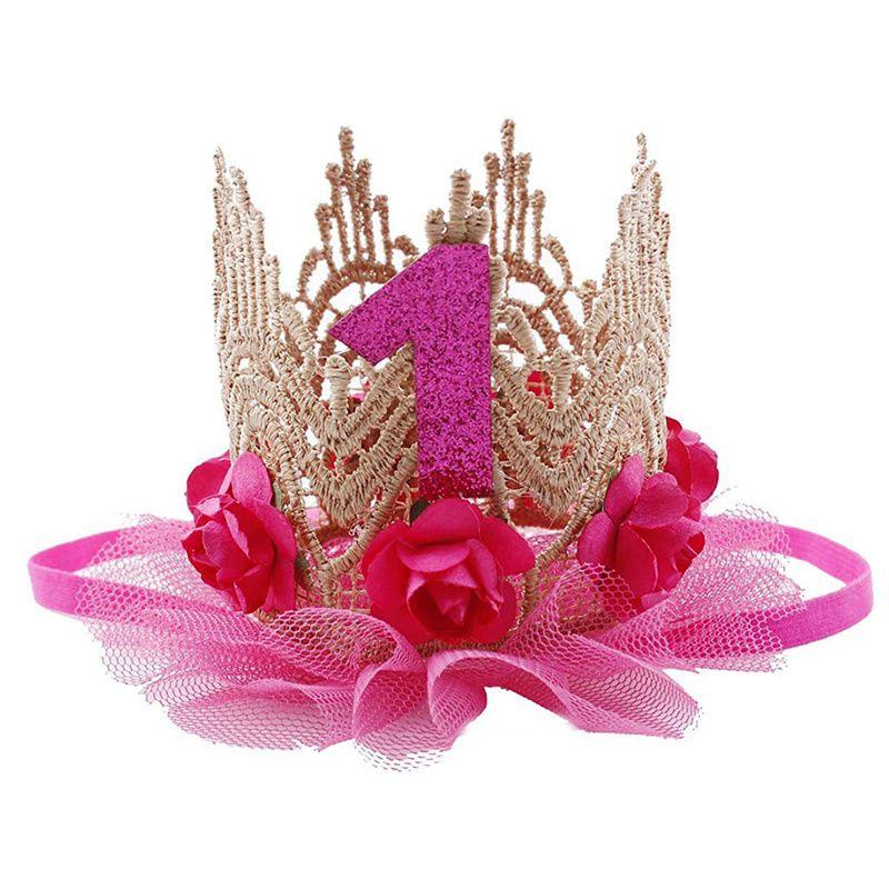 Детская корона с блестками для девочек, годовалая корона, шляпа принцессы для дня рождения, розовое золото, роза, декор для вечеринки, кружевная сетка