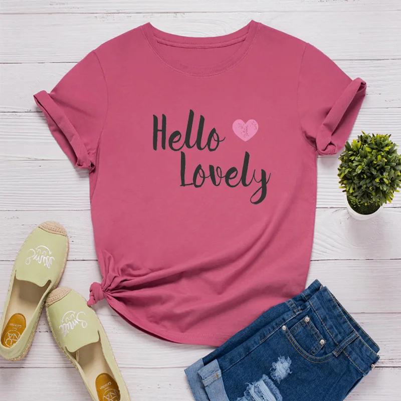 Hello Lovely Heart Print Женская футболка с коротким рукавом и круглым вырезом Свободная женская футболка Женская футболка Топы Одежда Camisetas Mujer