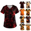 Плюс размер Хэллоуин печатная рабочая форма Топы для женщин футболки с v-образным вырезом и короткими рукавами рабочая одежда футболка с карманами