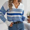 Women's Casual Lapel Contrast Color Striped Long Sleeve Knitted Pullover Sweater