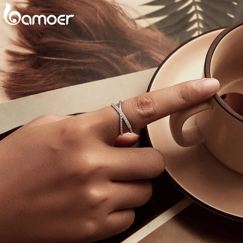 BAMOER 14K Gold Plated X Ring Simulated Diamond CZ Criss Cross Ring for Women, 925 Sterling Silver Eternity Wedding Band Ring