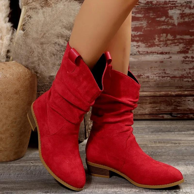 Female Shoes On Sale 2024 New Slip On Women's Boots Spring Autumn Pointed Toe Solid High Tube Chunky Heels Plus Size Boots