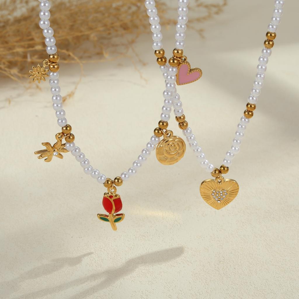 GEMCHIC Women's Imitation Pearl Necklace with Heart Flower Pendant Stainless Steel Clavicle Chain