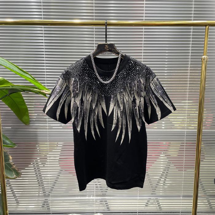 Сверхбольшой размер Мужская футболка с коротким рукавом в стиле пары, украшенная крыльями со стразами, свободного кроя, стройнящая