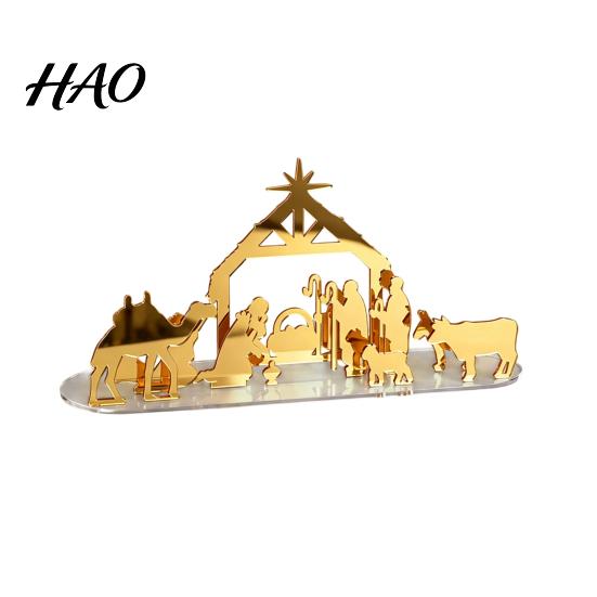 Modern Acrylic Craft Christmas Ornament, Mirrored Golden Silhouette Scene, Decorative Reusable Holiday Display Desktop for Living Room Fireplace
