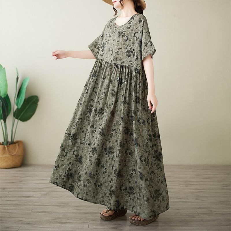 Короткий рукав Плюс размер Хлопок винтажный цветочный новый в платьях для женщин повседневное свободное макси длинное летнее платье