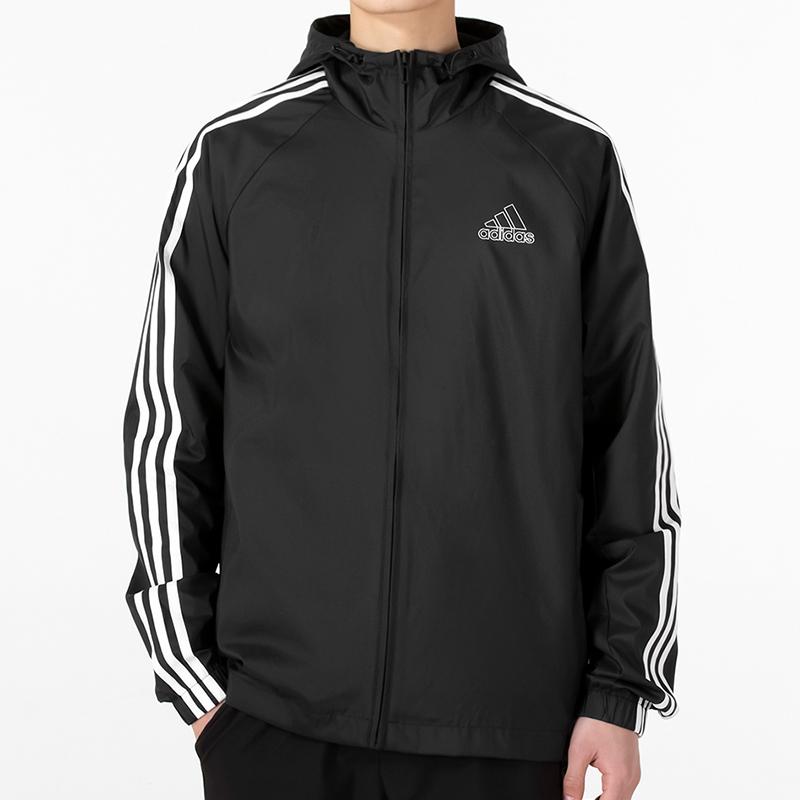 Adidas Ветровка с 3 полосками, мужская куртка с капюшоном, черная HE4322