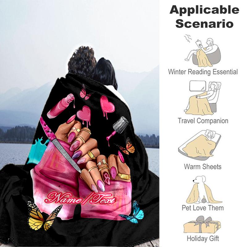 1PC Custom Name Nail Art outdooor Flannel blankets Throw Blanket All-Season Throw Gift Bedspread for Couch, Bed, Camping Holiday Birthday gift