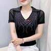 Women New Fashion European Summer Bling T-Shirt Clothes Sexy V-Neck Short-Sleeve Casual Tees Shiny Hot Diamonds Mesh Slim Tops Blouse