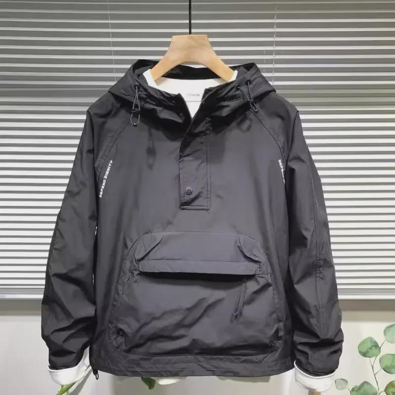 Мужская весенняя рабочая куртка с капюшоном и большим карманом на молнии - повседневный свободный модный пуловер