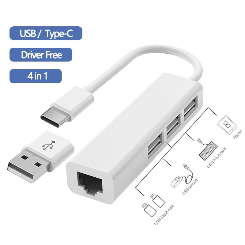 USB Ethernet-адаптер USB Type C к порту Rj45 Lan, гигабитная сетевая карта 100 Мбит/с, док-станция USB 2.0 для ПК, компьютера, ноутбука