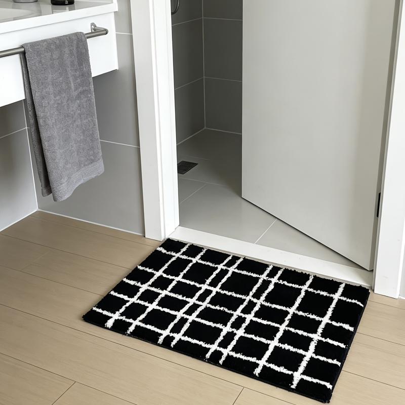 Black White Grid Soft Floor Mat Neutral Style Non Slip Absorbent Bathroom Bedroom Living Room Decor Rug