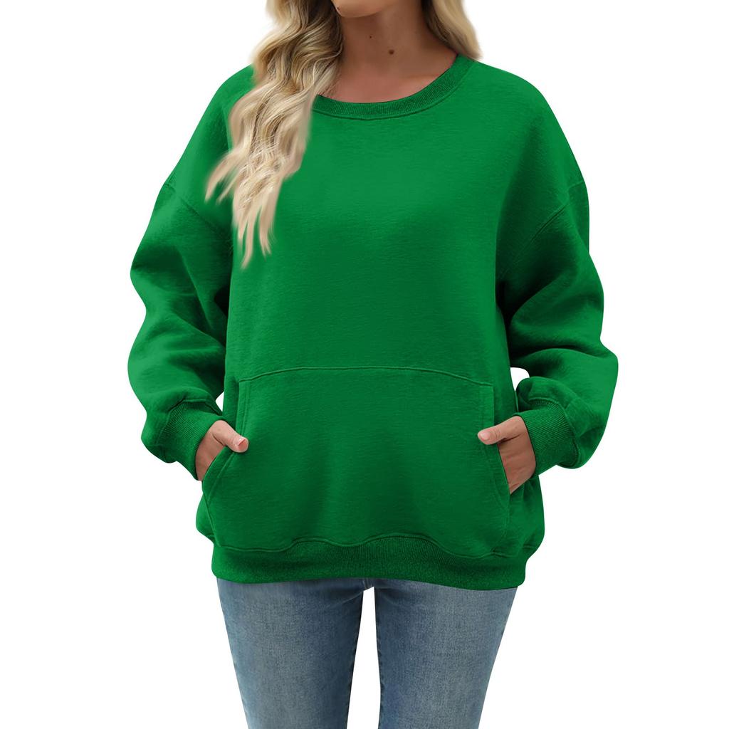 Women's Casual Fashion Long Sleeve Solid Color Round Neck Sweatshirt Top With Pocket