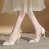 Fashion Pearl Evening Wind Soft High Heels Shoes Dress 2024 Spring New Style Medium Open Pointed Toe One-character High Heels Women's