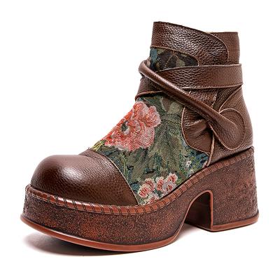GKTINOO Женские мотоботы из натуральной кожи 2025 Новые на молнии с круглым носком Женская обувь Цветы Ручная работа Ретро Ботильоны на платформе