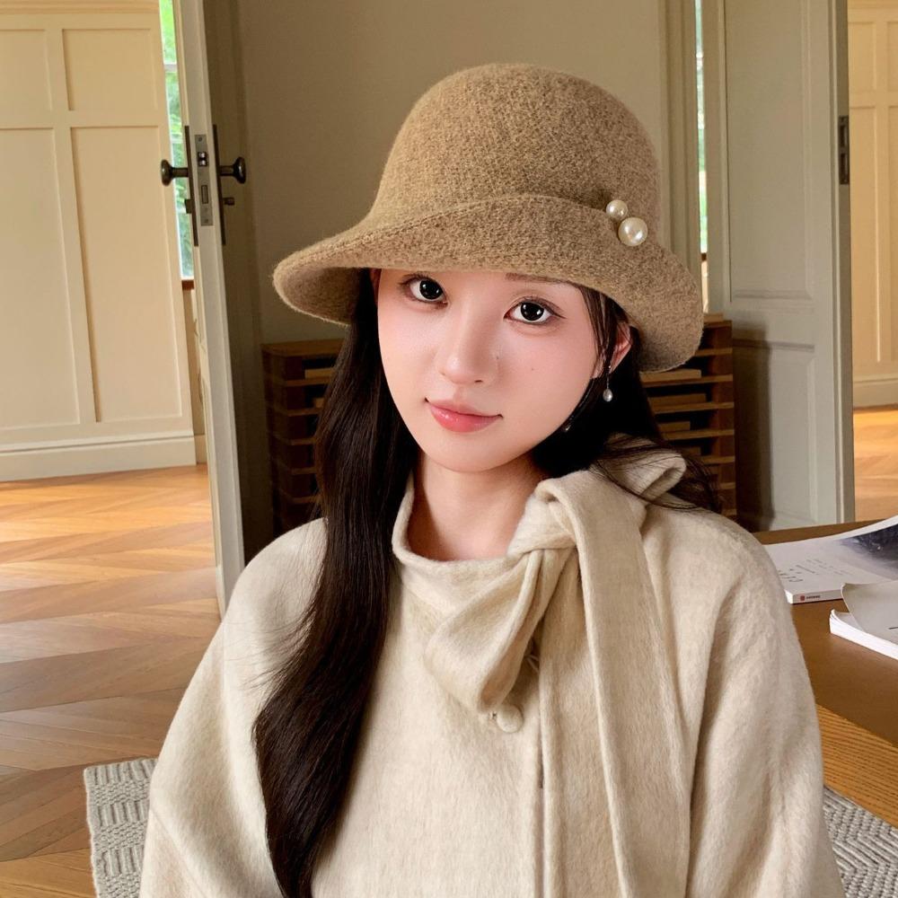 Pearl Wool Blend Fedoras Hat Curled Brim Women Formal Hat British Style Wool Fisherman Hat Outdoor