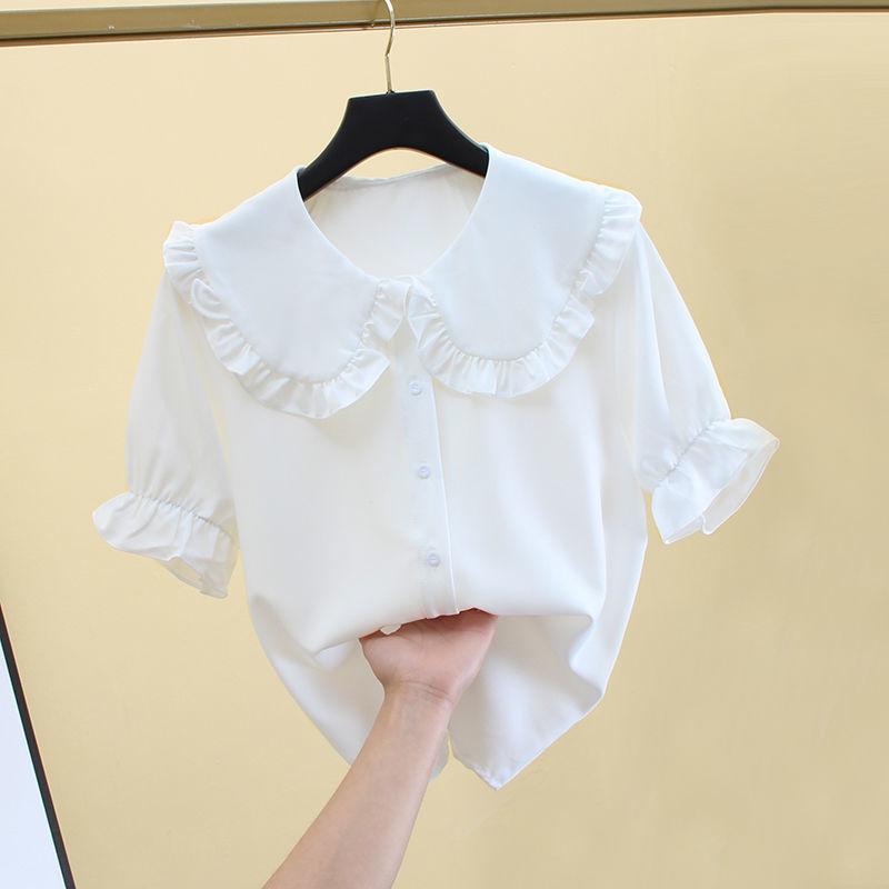 Летняя белая футболка с короткими рукавами для девочек, шифоновая детская кружевная блузка с лацканами для подростков, школьная одежда для детей, топы