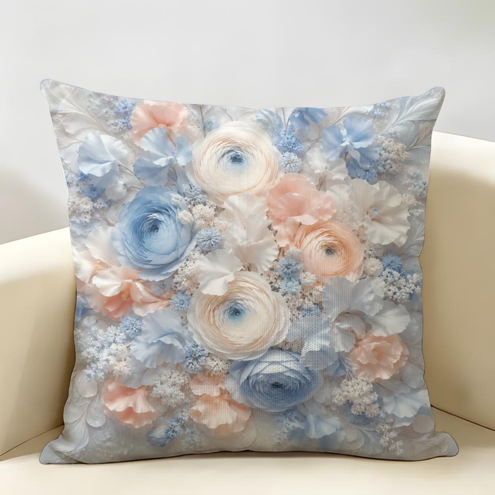 Blue Sculptural Floral Cushion Cover Durable Hypoallergenic Organic Linen Short Pillow Cover Washable
