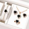 5 Piece Set Women Fashionable Creative Black Heart Shaped Crystal Pendant Collarbone Necklace Earrings Ring Bracelet Combination