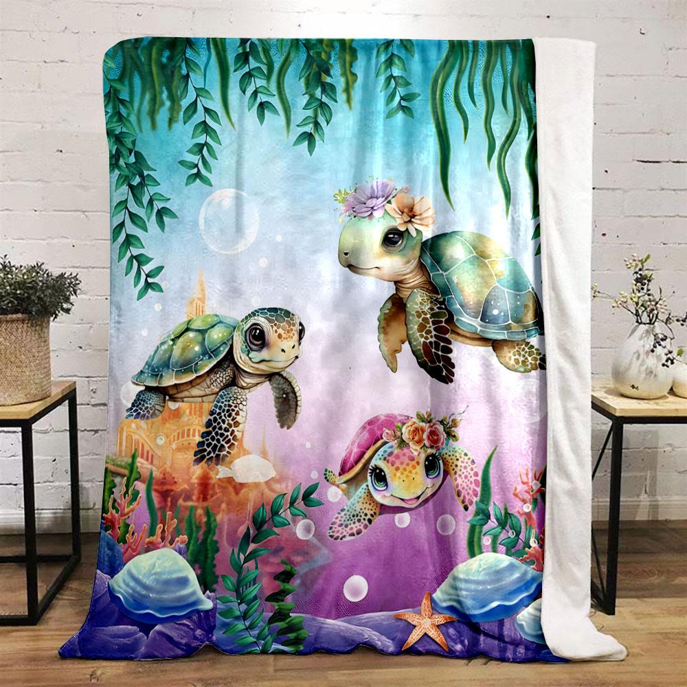 Cartoon Marine Turtle Underwater Scene Flannel Blanket bedroom Blanket for Livingroom Couch lunch break Soft throw for Friend's festival Gift