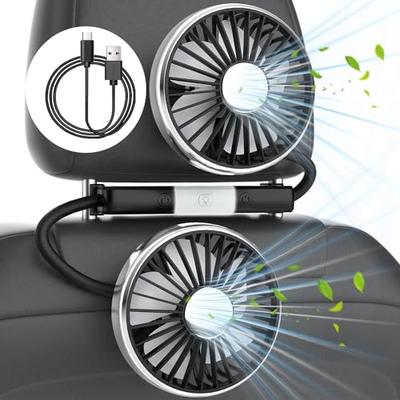 [Индивидуальные переключатели] Автомобильный вентилятор, тип USB Type-C, двухголовочный автомобильный вентилятор для использования на заднем сиденье, светодиодная подсветка, 3-уровневая регулировка воздушного потока, низкий уровень шума, 5-лопастной вентилятор, 360° регулировка