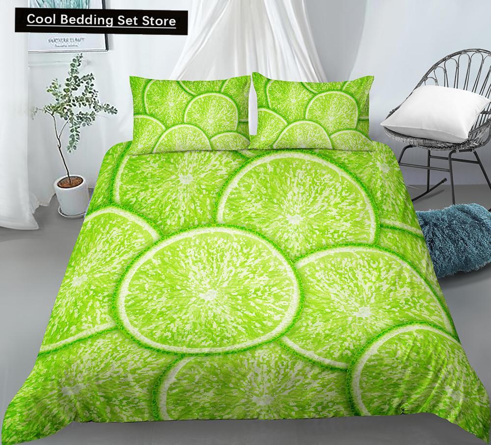 Постельный комплект с принтом лимонов Желто-зеленый Фруктовая тематика Розовый Пододеяльник Размер Кинг/Евро Милый Мультяшный 2/3 шт. Полиэстеровый Чехол для одеяла