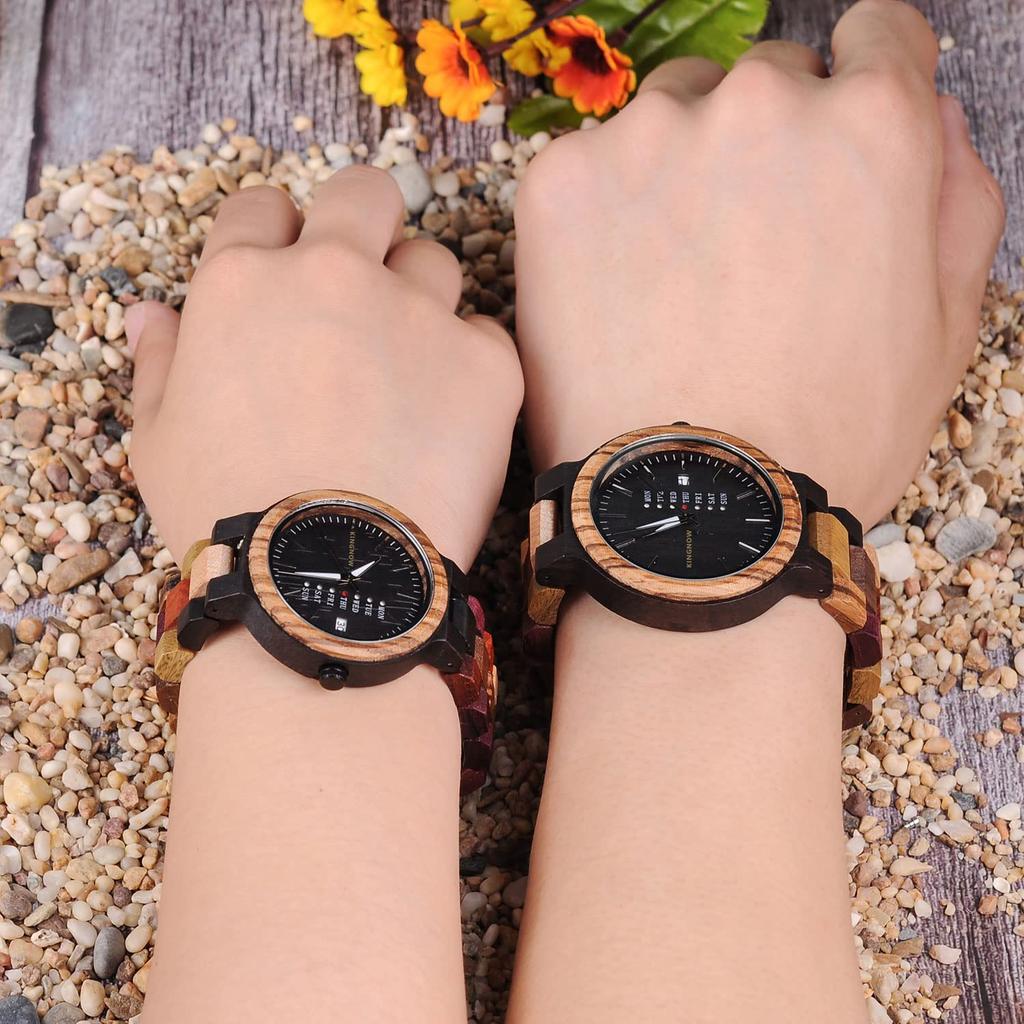 KINGNOW Couple's Watches, Lightweight Wooden Watches for Men and Women, Day-Date Display, Japanese-Made Quartz Movement, Unique Design