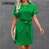 Женское летнее повседневное модное новое платье с коротким рукавом и поясом на шнуровке