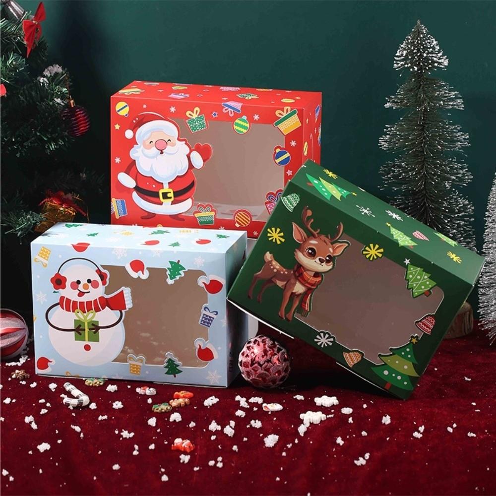 4pcs With Window Christmas Gift Boxes Snowman Design Opening Candy Packaging Bakery Boxes Gingerbread Theme Paper Box