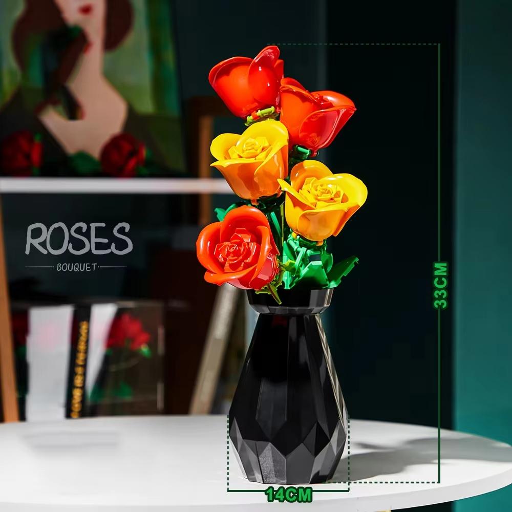 Rose Tulips Flower Model Building Blocks Set 3D Bouquet Bricks DIY Kids Toys Home Decoration Adult For Girls Holiday Day Gifts