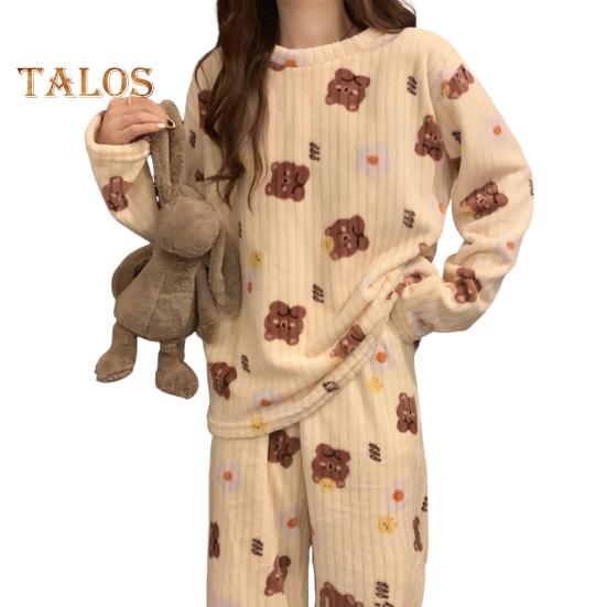 2 шт./комплект Женская зимняя пижама с круглым вырезом и рисунком медведя и персика, длинный рукав, коралловый флис, домашняя одежда, топ и штаны, комплект, свободная домашняя одежда для женщин