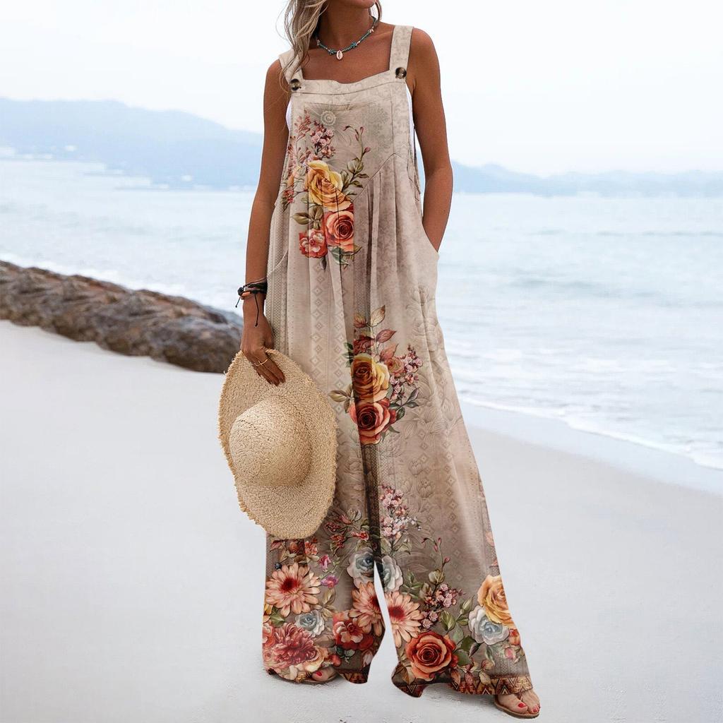 Женские комбинезоны, повседневные комбинезоны с широкими штанинами и принтом, комбинезоны без рукавов с карманами, наряды