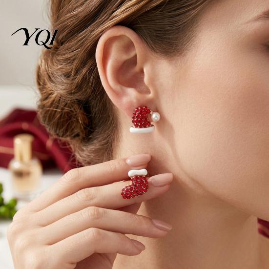 Christmas Jewelry for Women 1 Pair Stud Earrings, Sparkly Red Rhinestone Stocking Costume And Santa Hat Holiday Gifts Unique Theme