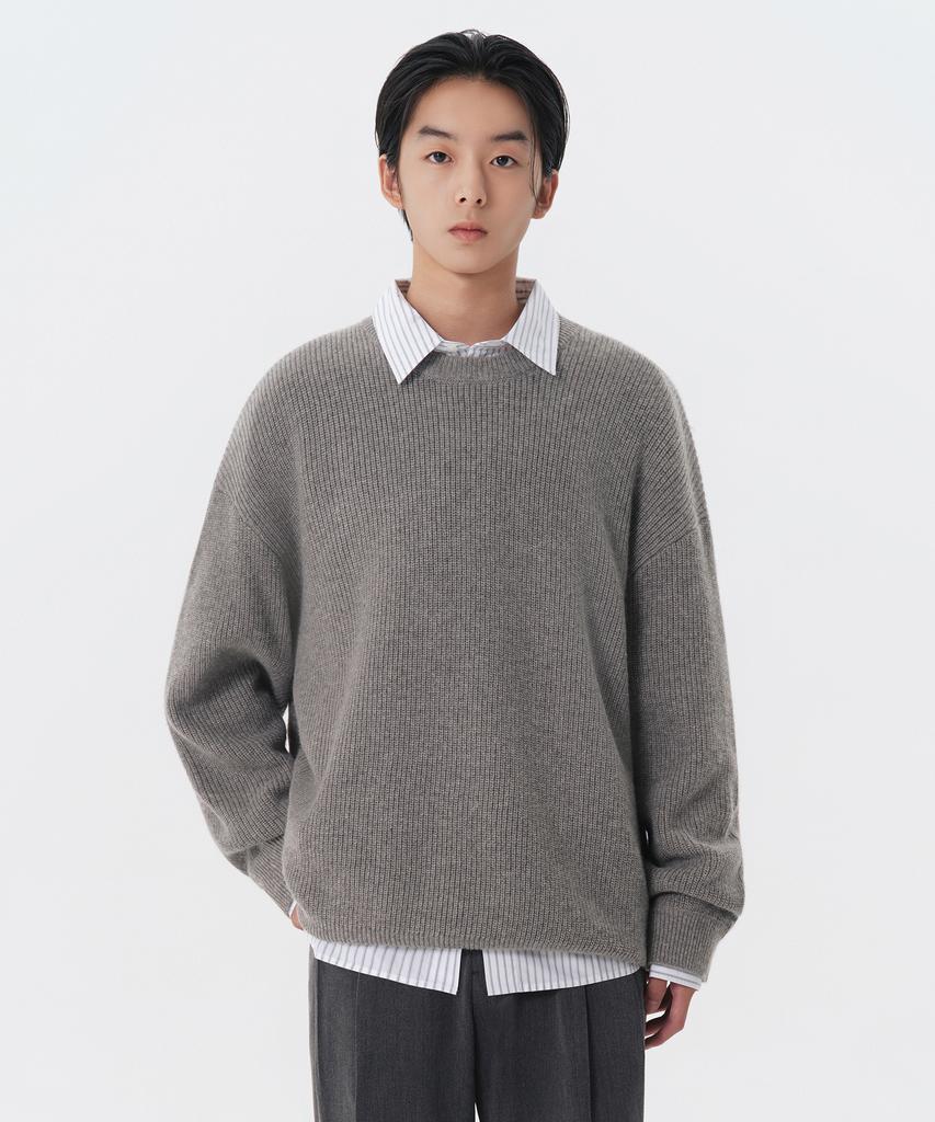 MUSINSA STANDARD Oversized Ribbed Crew Neck Knit [Melange Light Grey]