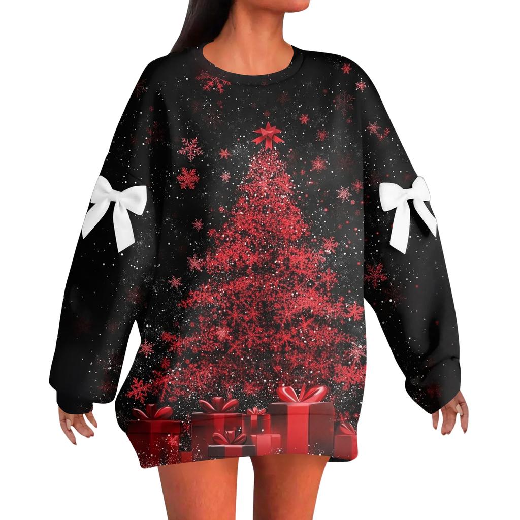 Ladies' Christmas Printed Bow Round Neck Long Sleeved Loose Pullover Sweater Sweatshirt Top