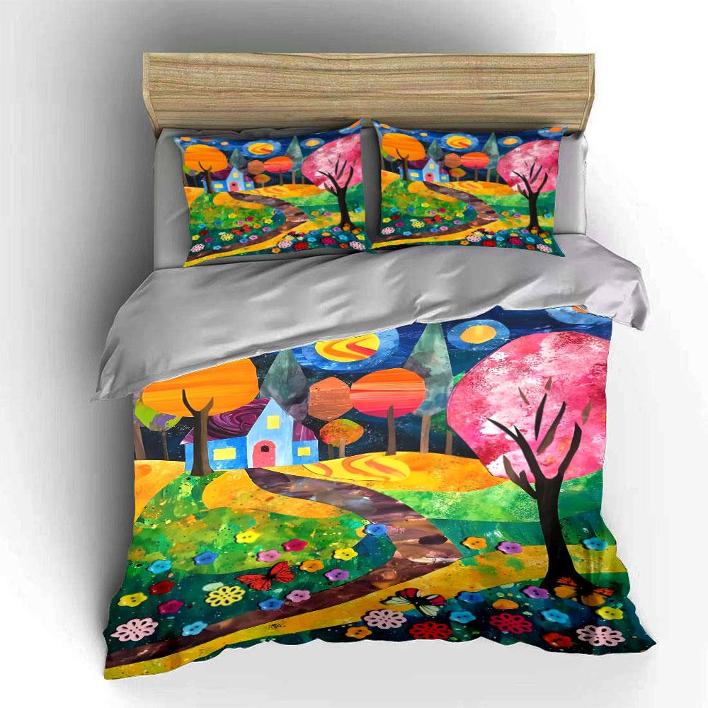 Colorful trees and house. Bedding sets Duvet cover sets Duvet covers Pillowcases(1 * Duvet Cover 2 * Pillowcases without duvet insert)