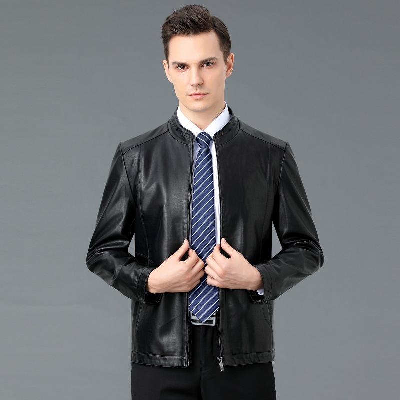 Кожаная куртка нового стиля для молодых и мужчин среднего возраста, осенняя тонкая овчина плюс бархат, куртка из кожи со стойкой, мужская одежда для папы