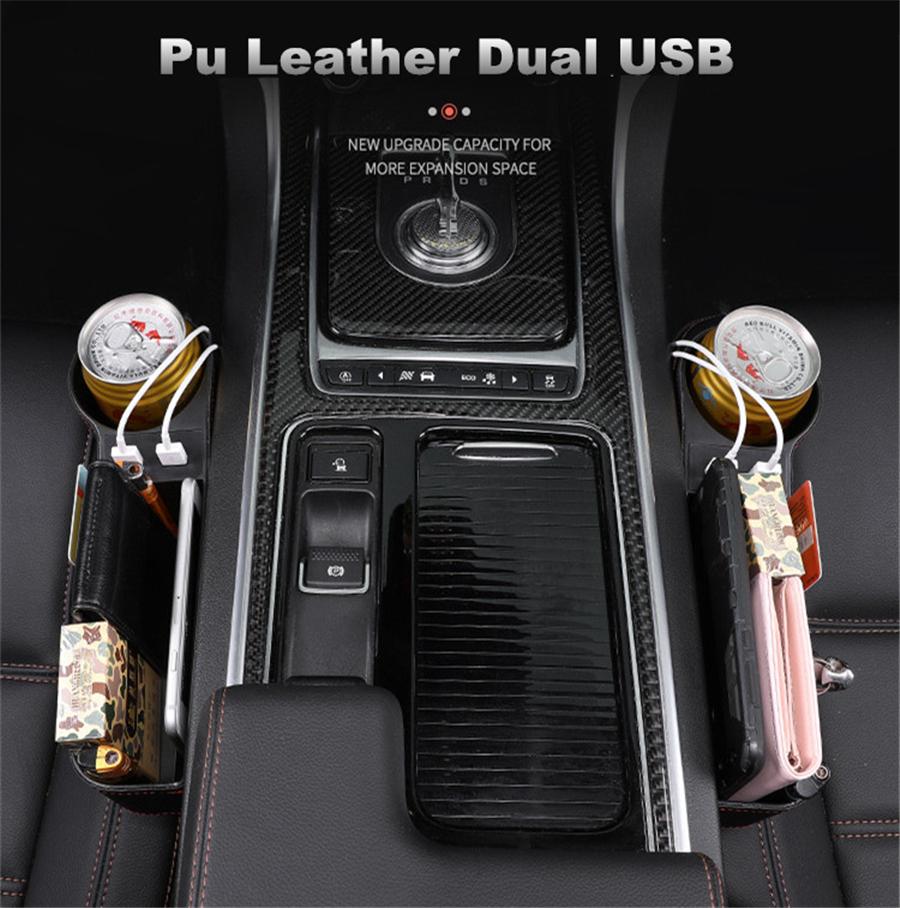 Pgrade Storage Box Car Seat Gap Organizer Pocket PU Leather Auto Seat Side Slit Accessories With 12/24V Cigarette Lighter Drive