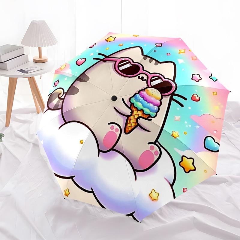 Kawaii Cat, Ice Cream DreamThemed Automatic Opening and Closing umbrella 8 Ribs, Suitable for Leisure and Going Out, Outdoor Accessory, Go