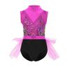 Girls Latin Dance Dress Sleeveless Cutout Back Tassels Shiny Sequins Color Block Performance Costume