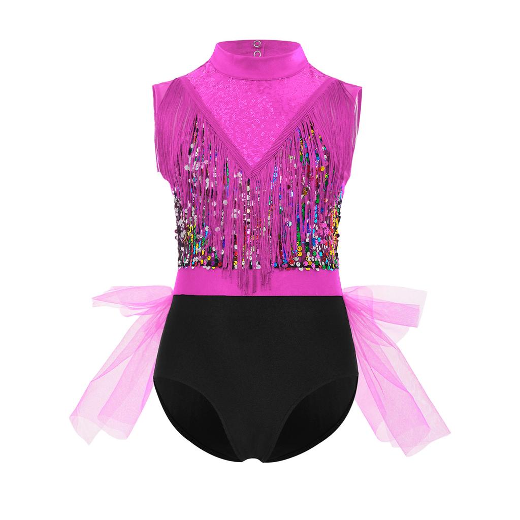 Girls Latin Dance Dress Sleeveless Cutout Back Tassels Shiny Sequins Color Block Performance Costume