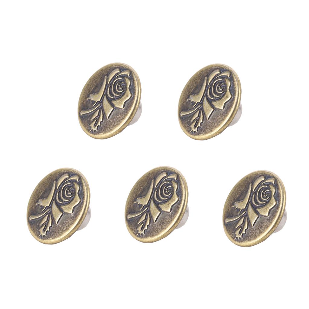 50 Set Pants Buttons No Sew Removable 17mm Rose Pattern Stainless Steel Antique Brass with 2x6.5mm P