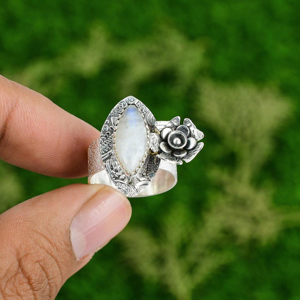 Natural Rainbow Moonstone 925 Silver Statement Flower Ring Size 9.25 For Women