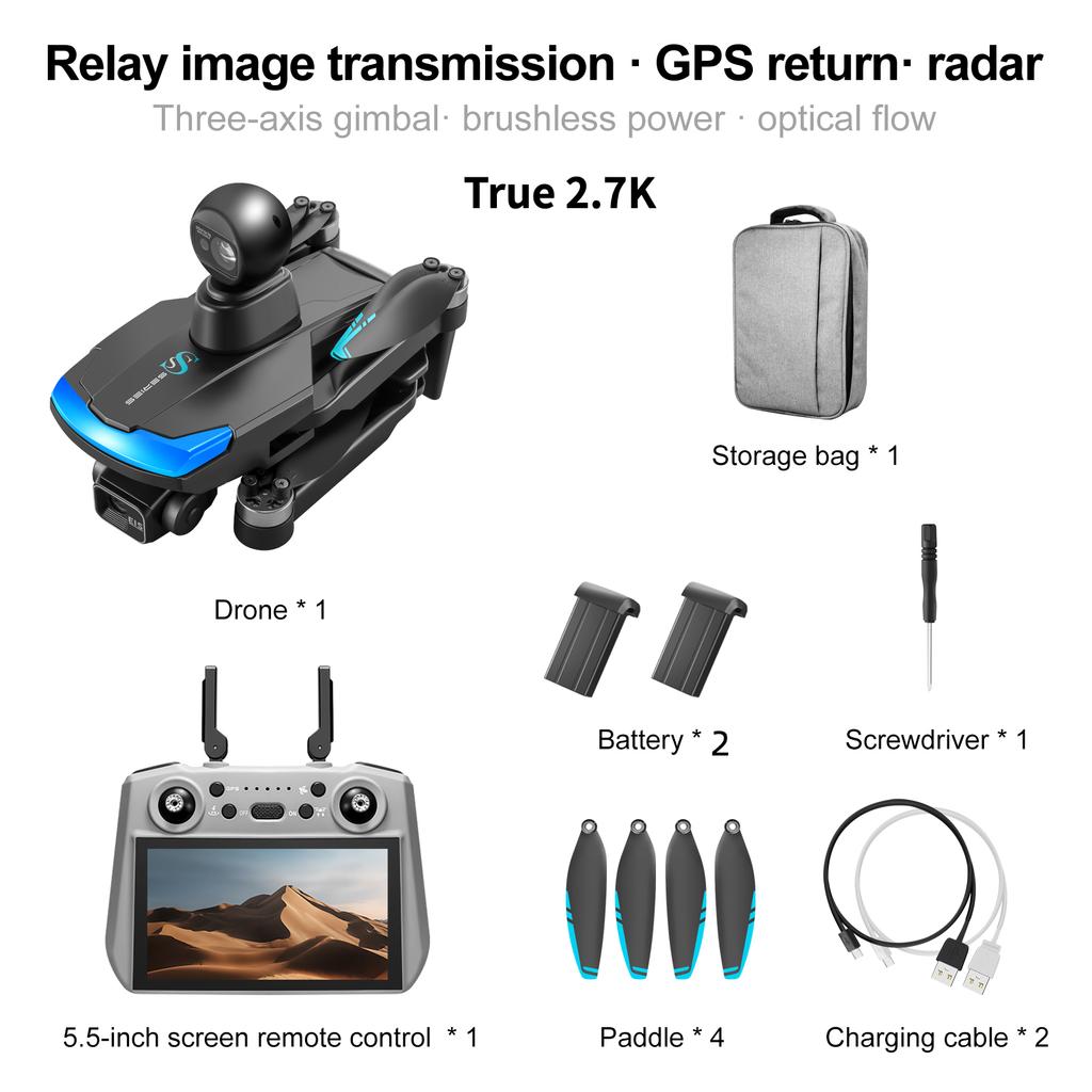 Новый профессиональный дрон S185 GPS Return 5G True 2.7K HD с двумя камерами, пультом дистанционного управления, сенсорным экраном, 3-осевым PTZ-управлением и функцией обхода препятствий