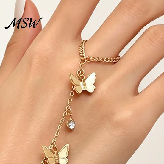 Hand Chain with Ring Golden Bracelet for Women, Metal Butterfly Tassel Sparkling Decoration Finger Ring, Harness Jewelry Rhinestone Accessory