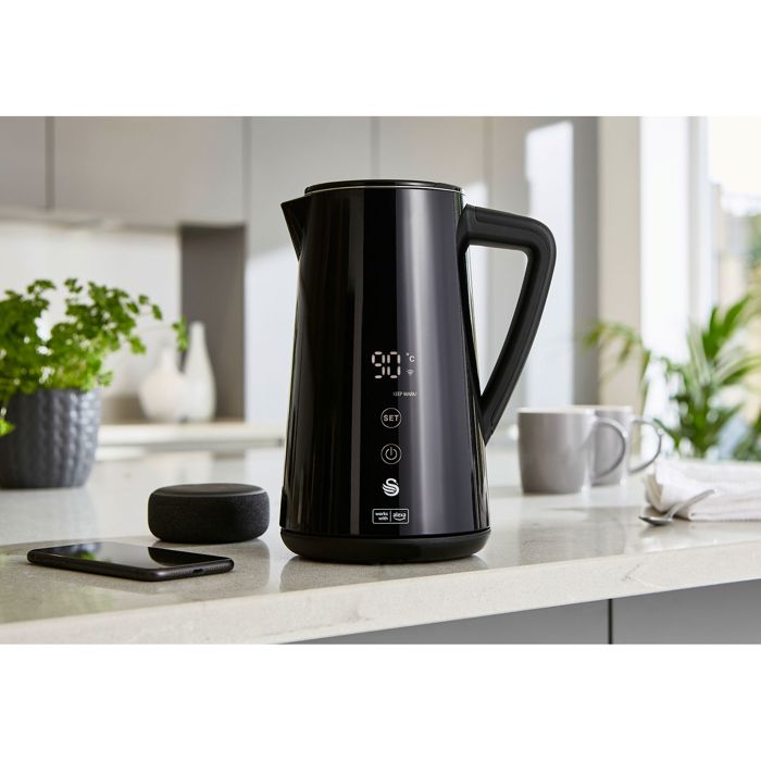 Alexa Bouilloire Électrique Intelligente WIFI 1,5L, Sans Fil, Écran Tactile LED SWAN SK14650BLKNEU 1800W Noir 58000