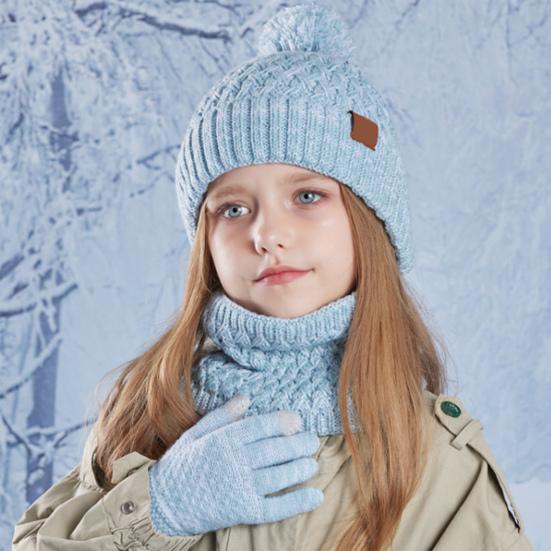 Kids Winter Hat Gloves Scarf Set Girls Boys Knit Hat with Pom Neck Warmer Mittens Set Toddlers Cold Weather Accessories for Kids 4-10 Years
