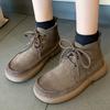 Мода 2025 Горячая Распродажа Обувь для Женщин На Шнуровке Женские Ботинки Зимние Круглый Носок Однотонные Флоковые Голые Ботинки На Низком Каблуке Лаконичные Модные Ботинки