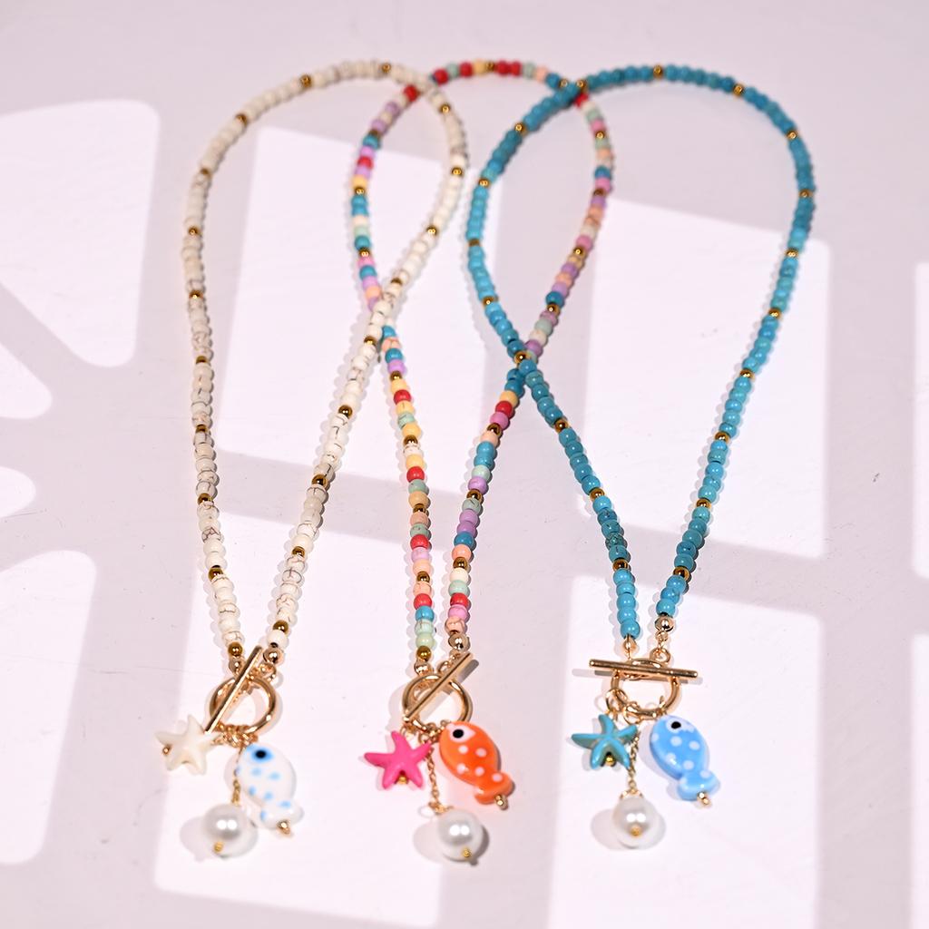 Bohemian Sea-Inspired Ceramic Fish & Starfish Pendant Necklace with 4mm Synthetic Turquoise Beads, Lightweight Beach Jewelry